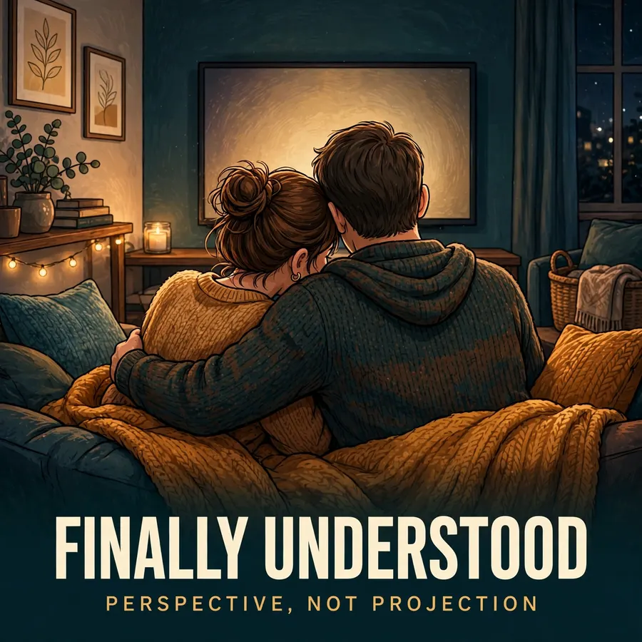 Finally Understood podcast cover showing a couple together on a couch at night.